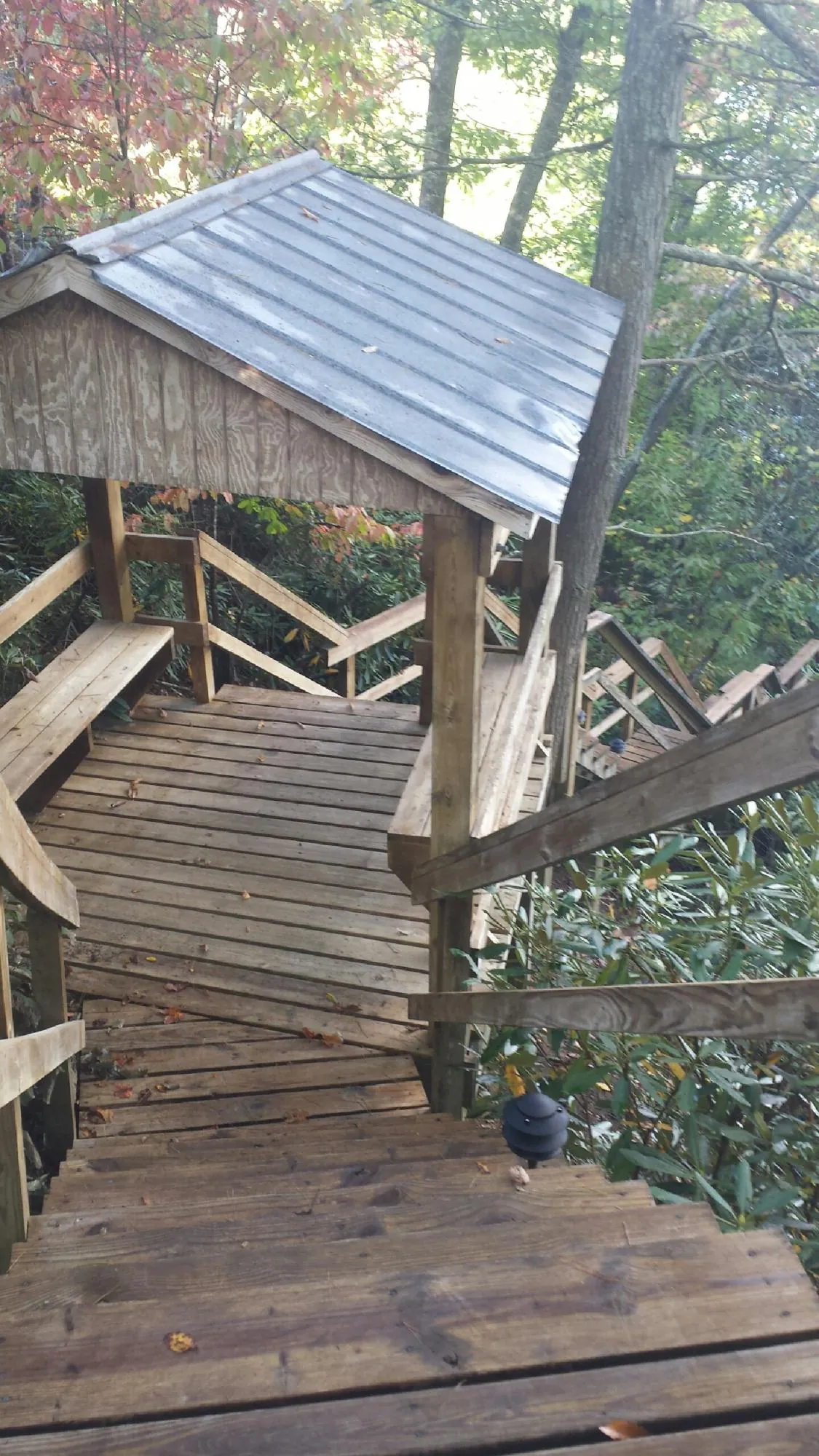 Metal roofed shelter over wooden steps on a wooded walkway — Skylight Repair & Installation work by our crew in Flowood